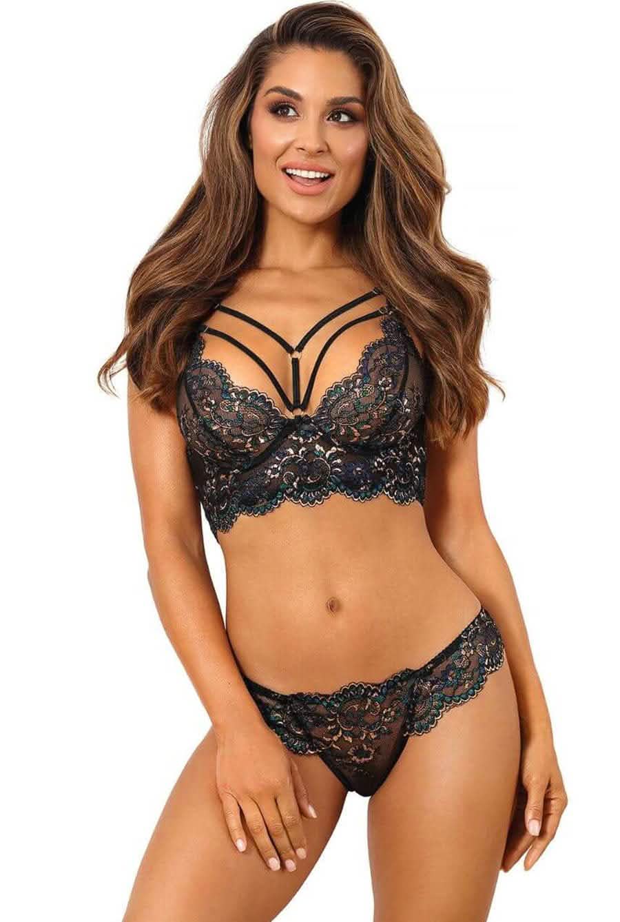 Luxe Lace & Mesh Bra Set with Rhinestone Detail – Elegant & Seductive