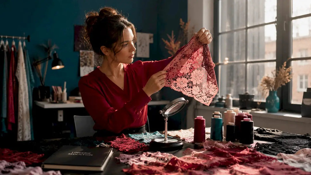Woman inspecting lingerie fabric swatches in bright lab