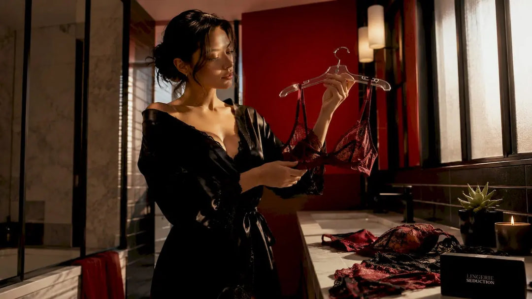 Woman holding lace bralette in cozy bedroom