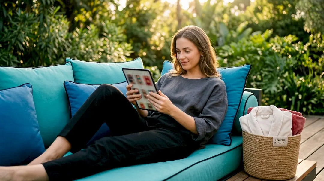 Woman browsing lingerie bundles on tablet