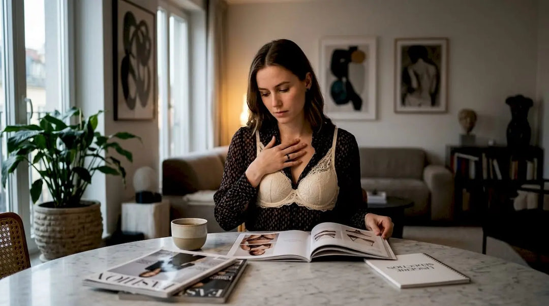 Woman selecting lingerie thoughtfully at home