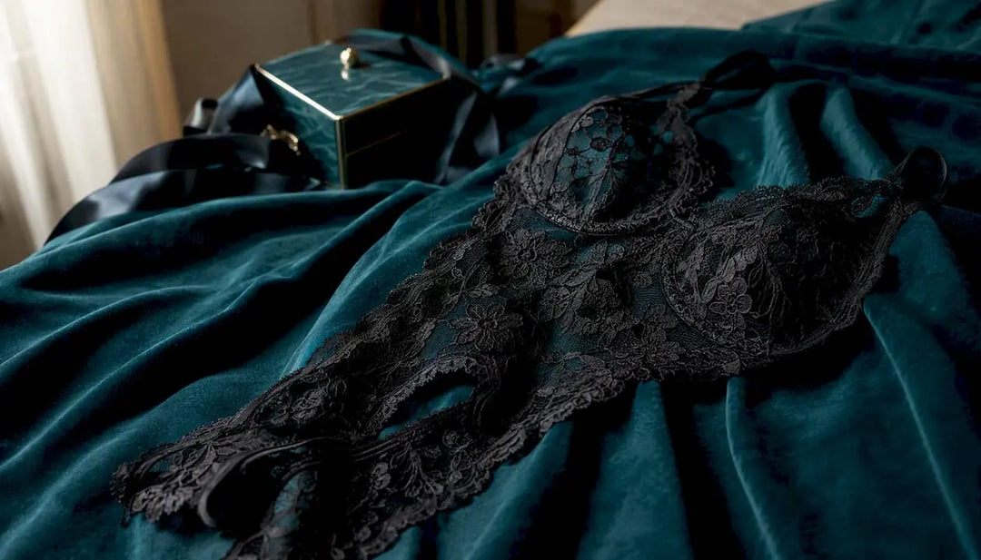 Black lace crotchless teddy lingerie on satin