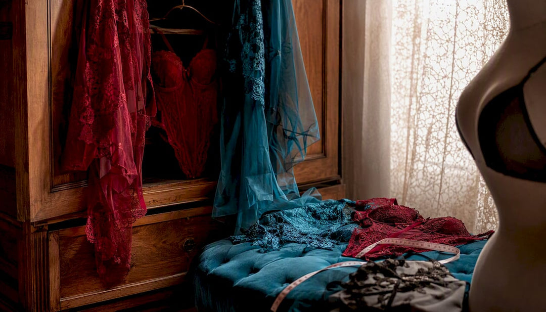 Lingerie fabrics and mannequin bust detail in soft light