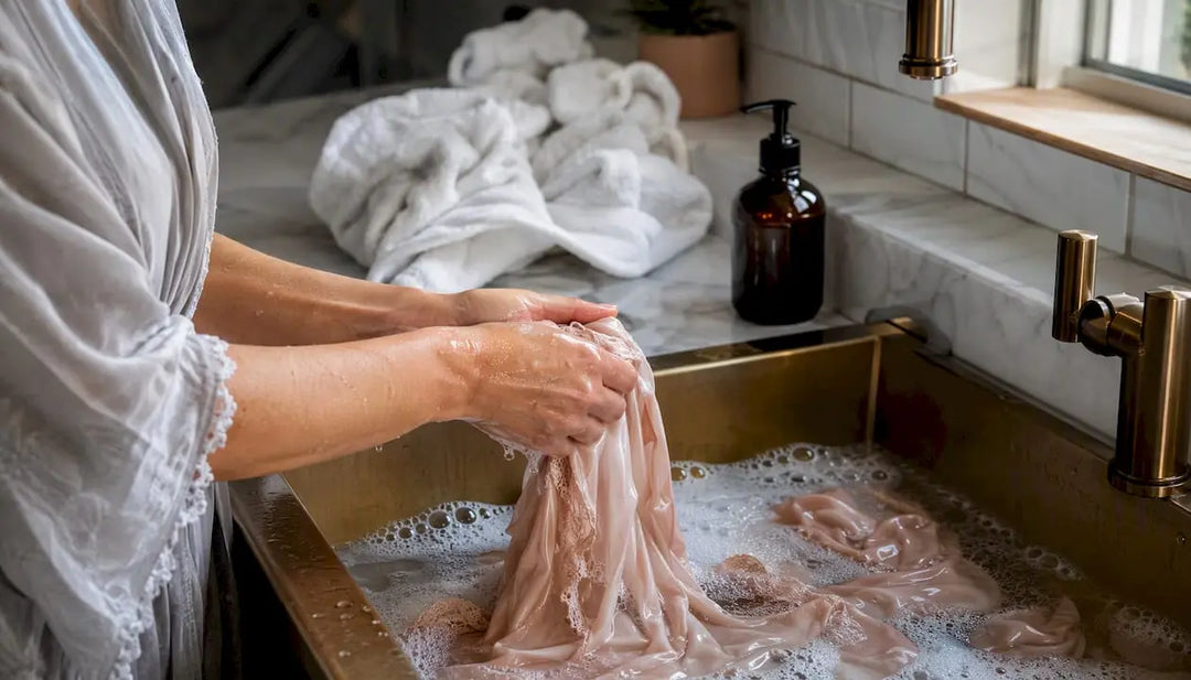 Hands gently hand washing silk lingerie