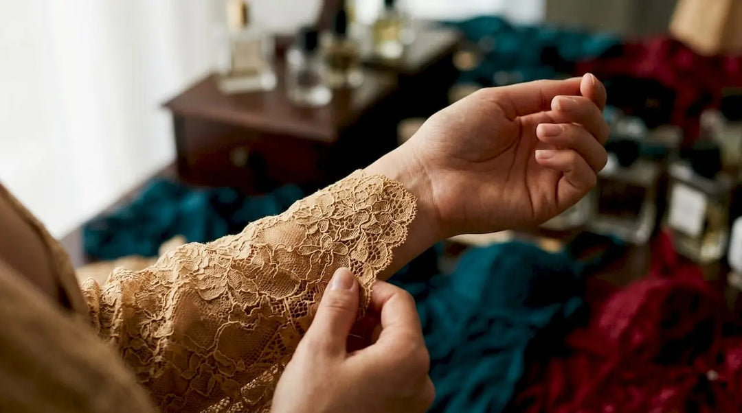Close-up lingerie fabric near skin in natural light