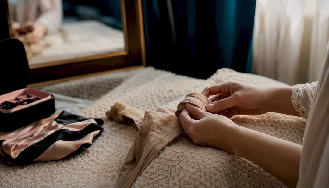 Hands carefully putting on sheer stockings