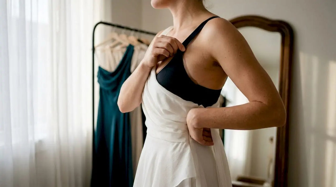 Close-up of woman adjusting one shoulder bra under gown