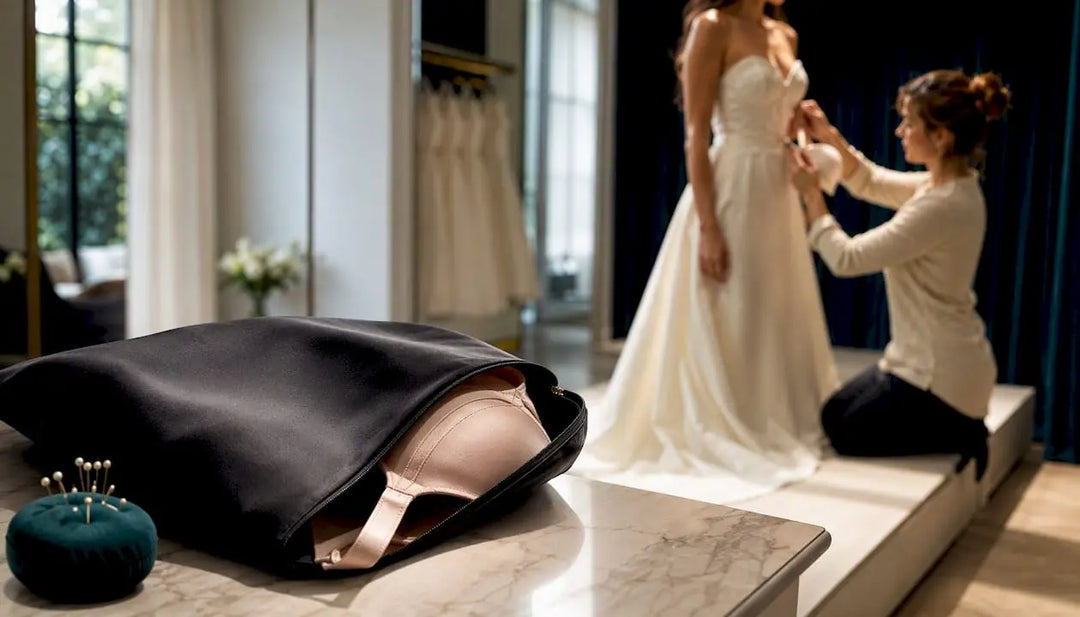 Bride bringing undergarments to dress fitting