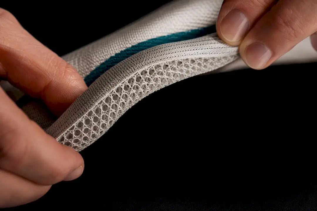 Macro view of airy 3D knit spacer fabric