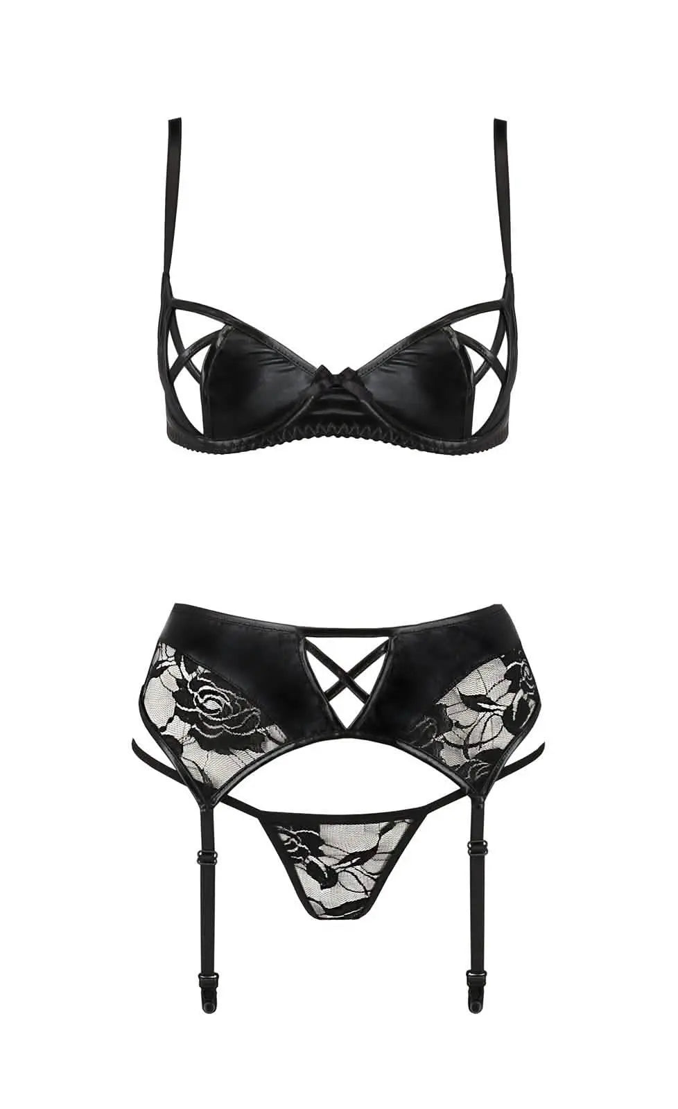 Faux Leather Open Bra & Garter Belt 3 Piece Set - Lingerie SeductionFaux Leather Open Bra & Garter Belt 3 Piece Set