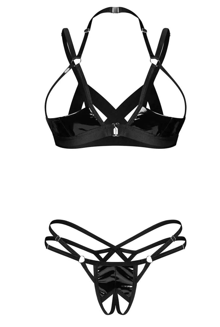 wet look cupless bra set 