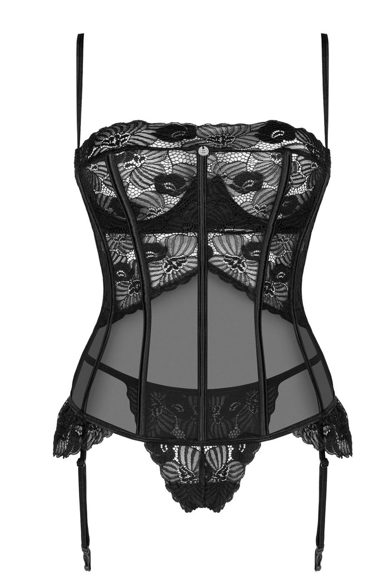 Luxe Black Lace And Mesh Underwire Corset Set Lingerie Seduction