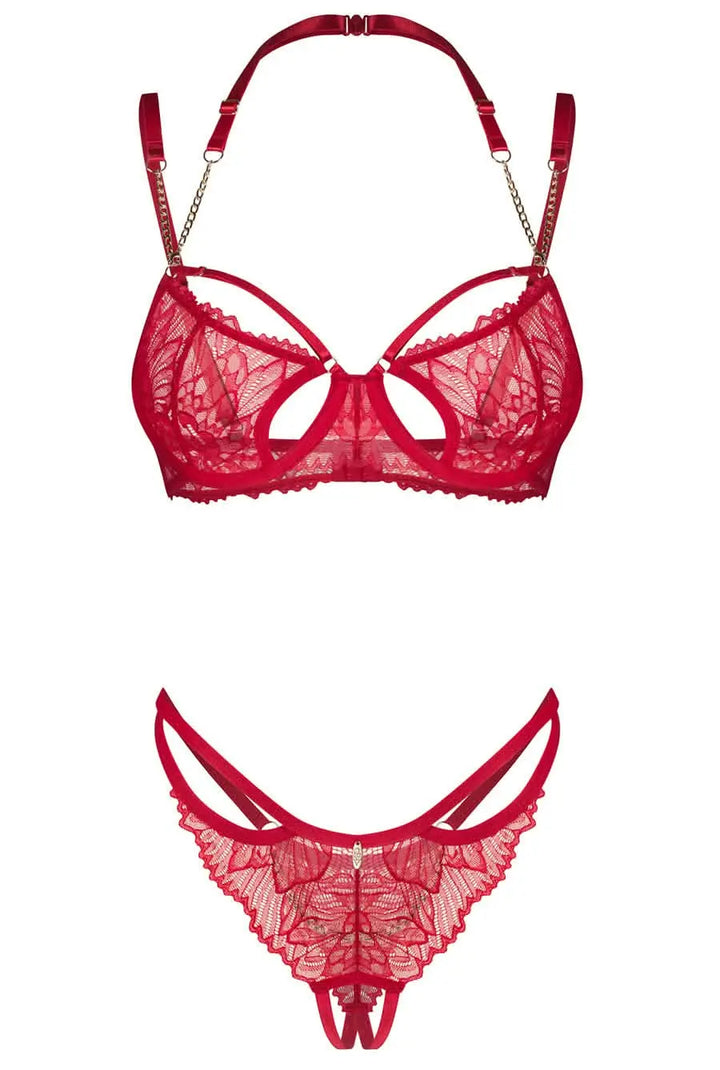 Crotchless Red Lace Chain Bra & Gstring Set Lingerie Seduction
