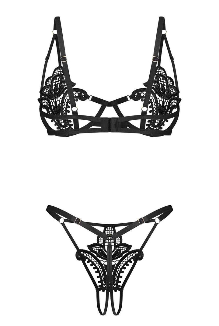 Black Lace Bra & Crotchless Gstring Set