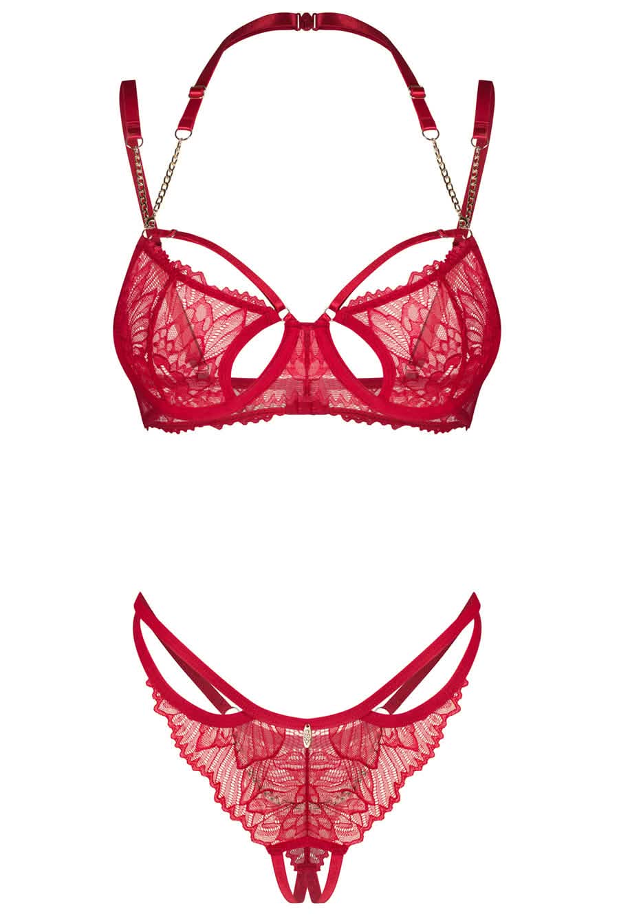 Crotchless Red Lace Chain Bra & Gstring Set