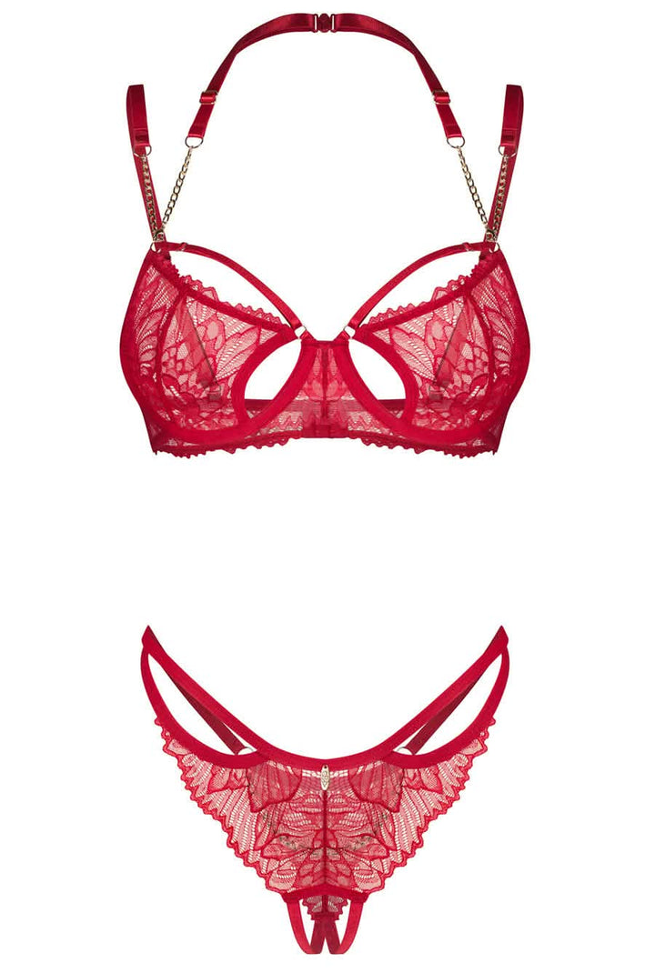 Crotchless Red Lace Chain Bra & Gstring Set