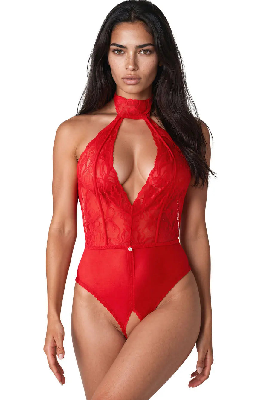 womens red lace crotchless teddy