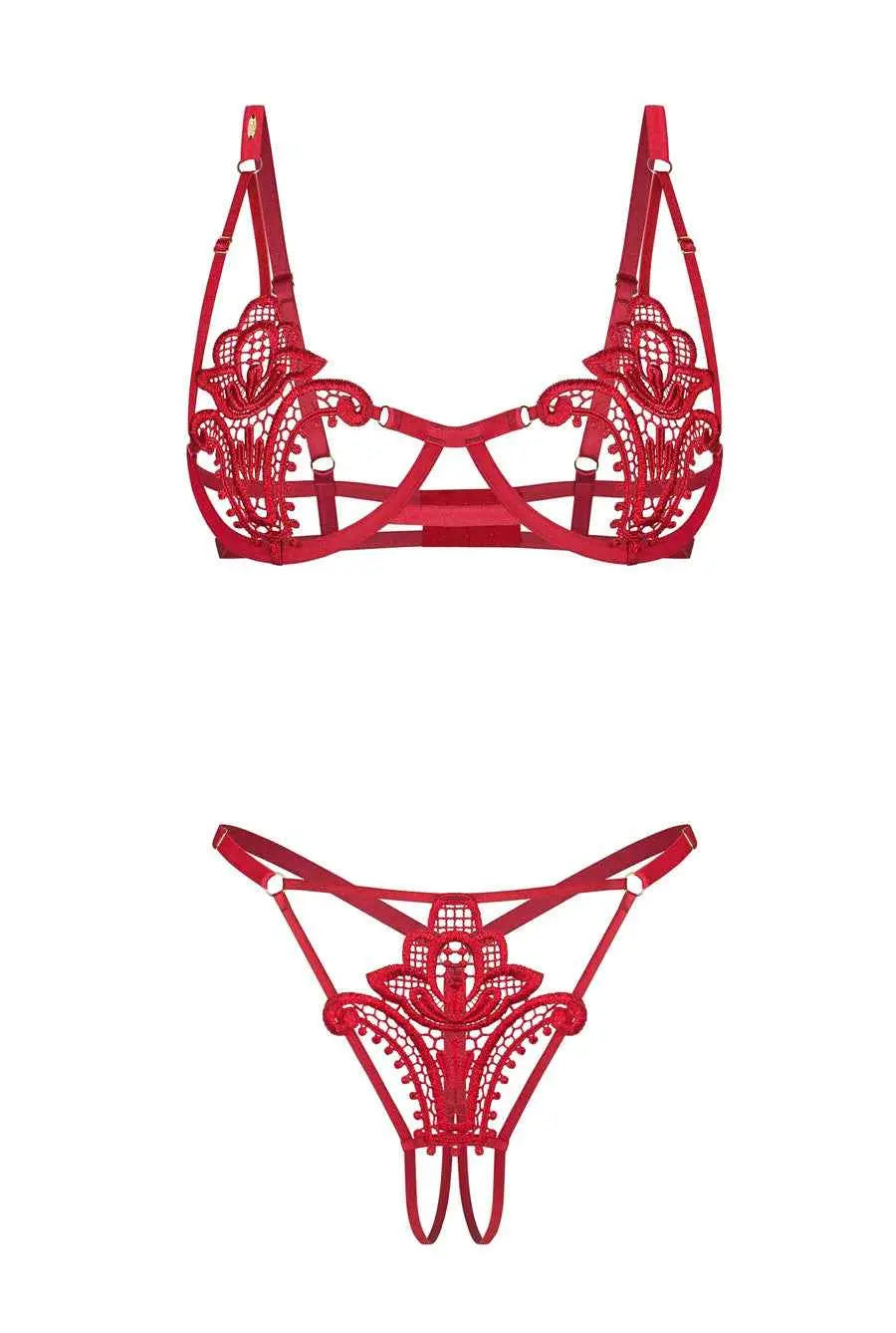 Red Lace Bra & Crotchless Gstring Set Lingerie Seduction