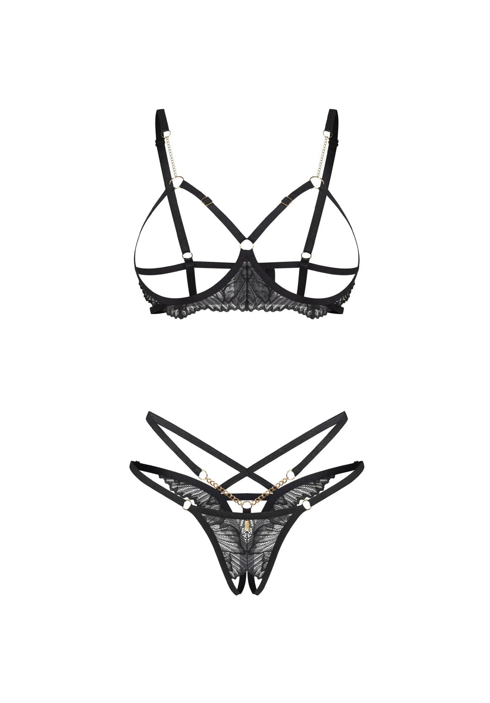 black lace open cup bra and sting