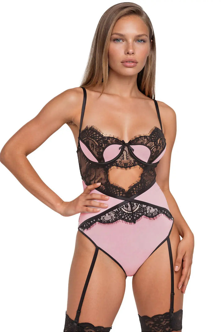 pink and black satin bodysuit