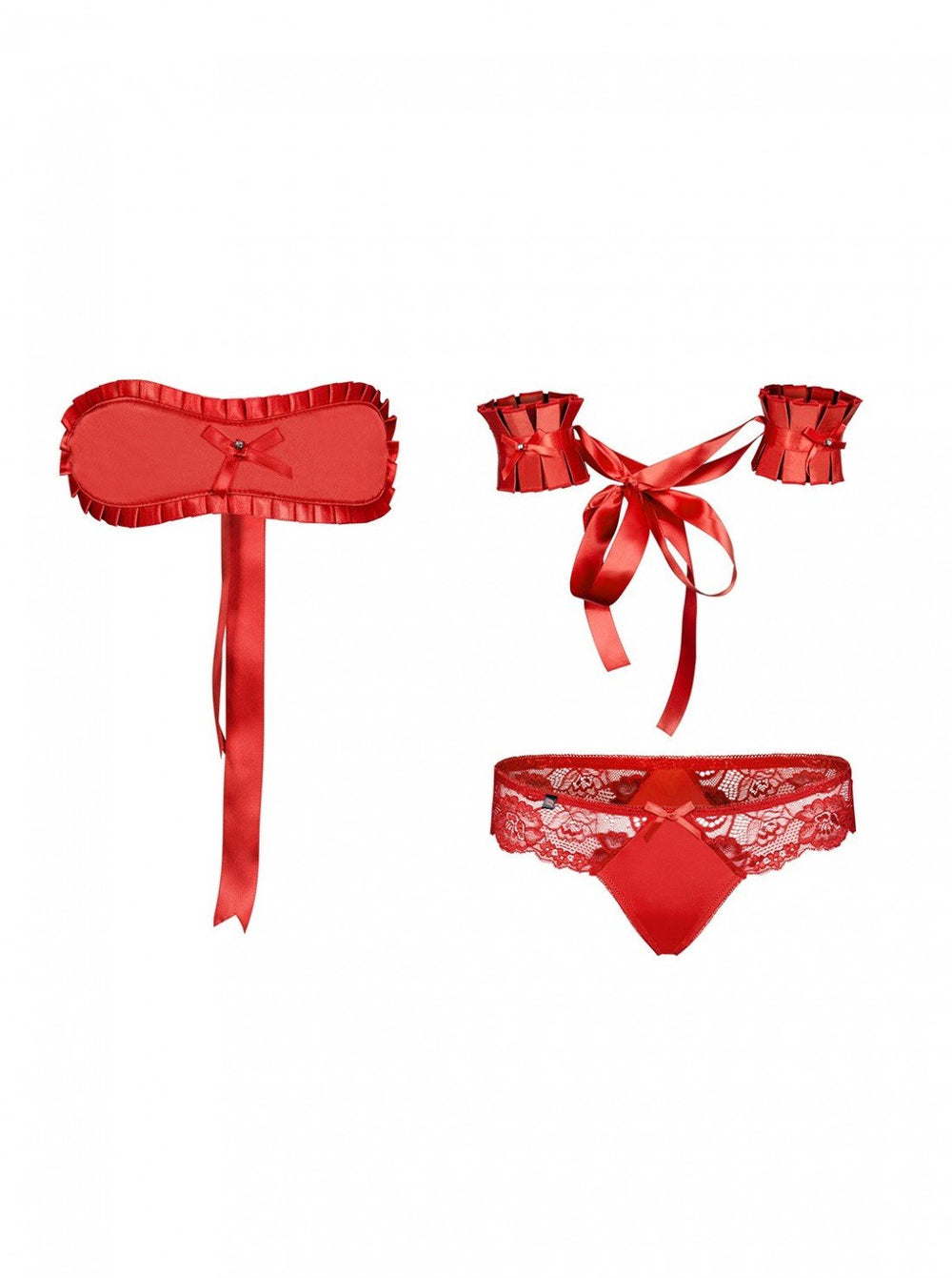 red satin mask and cuffs