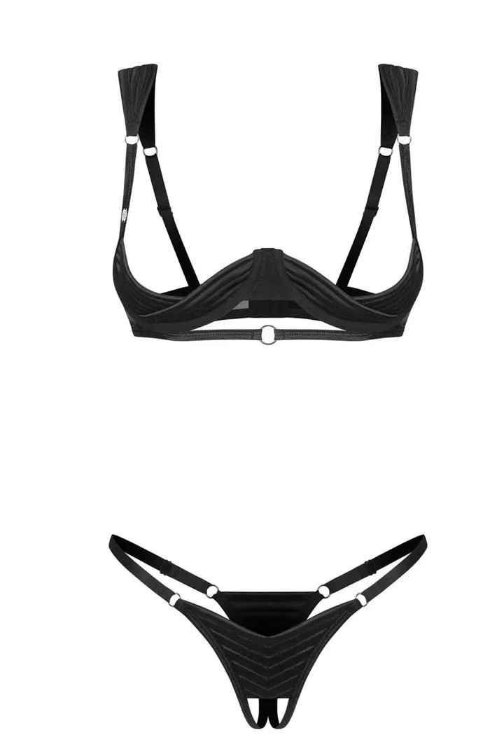 Black Satin Bra & Crotchless Gstring Set