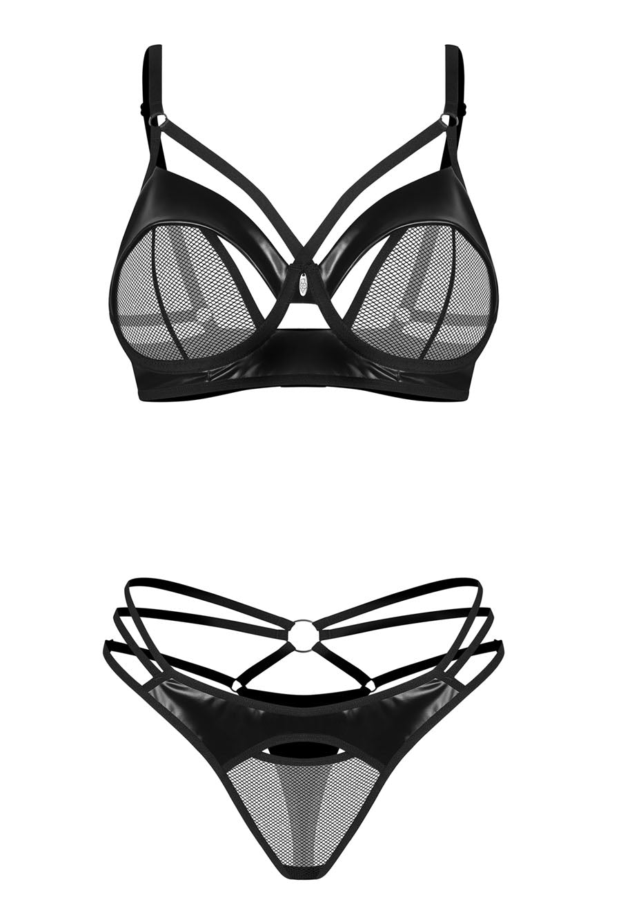 black wet look leather bra