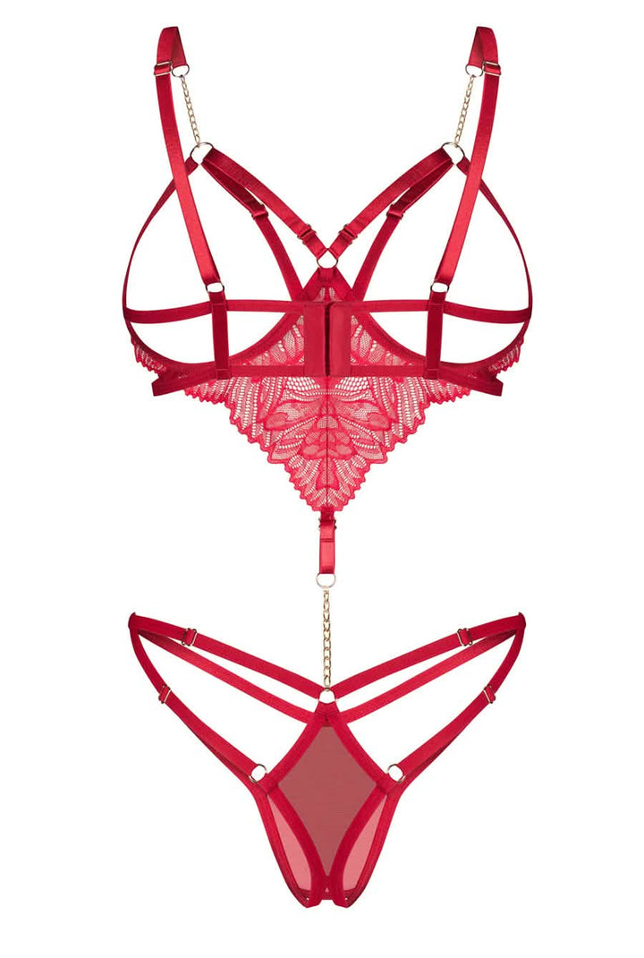 Open Cup Red Lace Crotchless Strappy Teddy