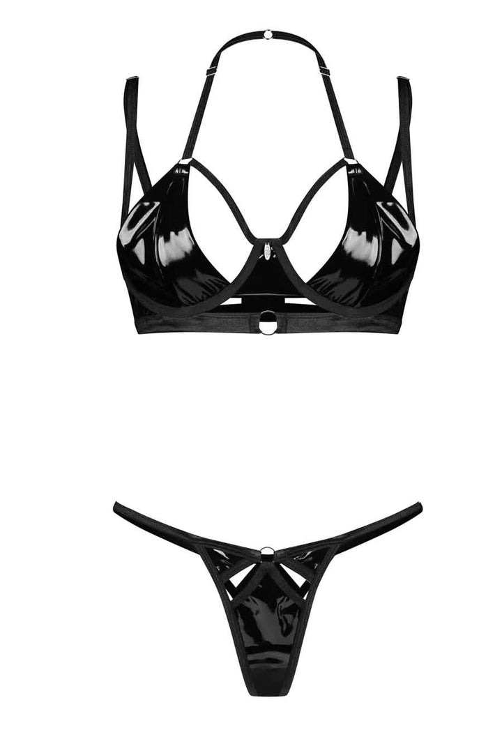 wet look leather bra set