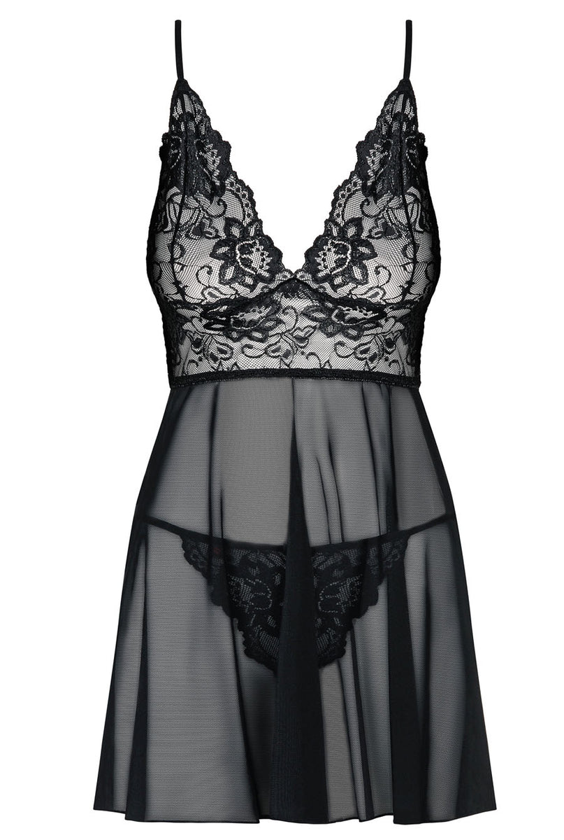 Black Lace & Sheer Mesh Babydoll Chemsie Set – Lingerie Seduction