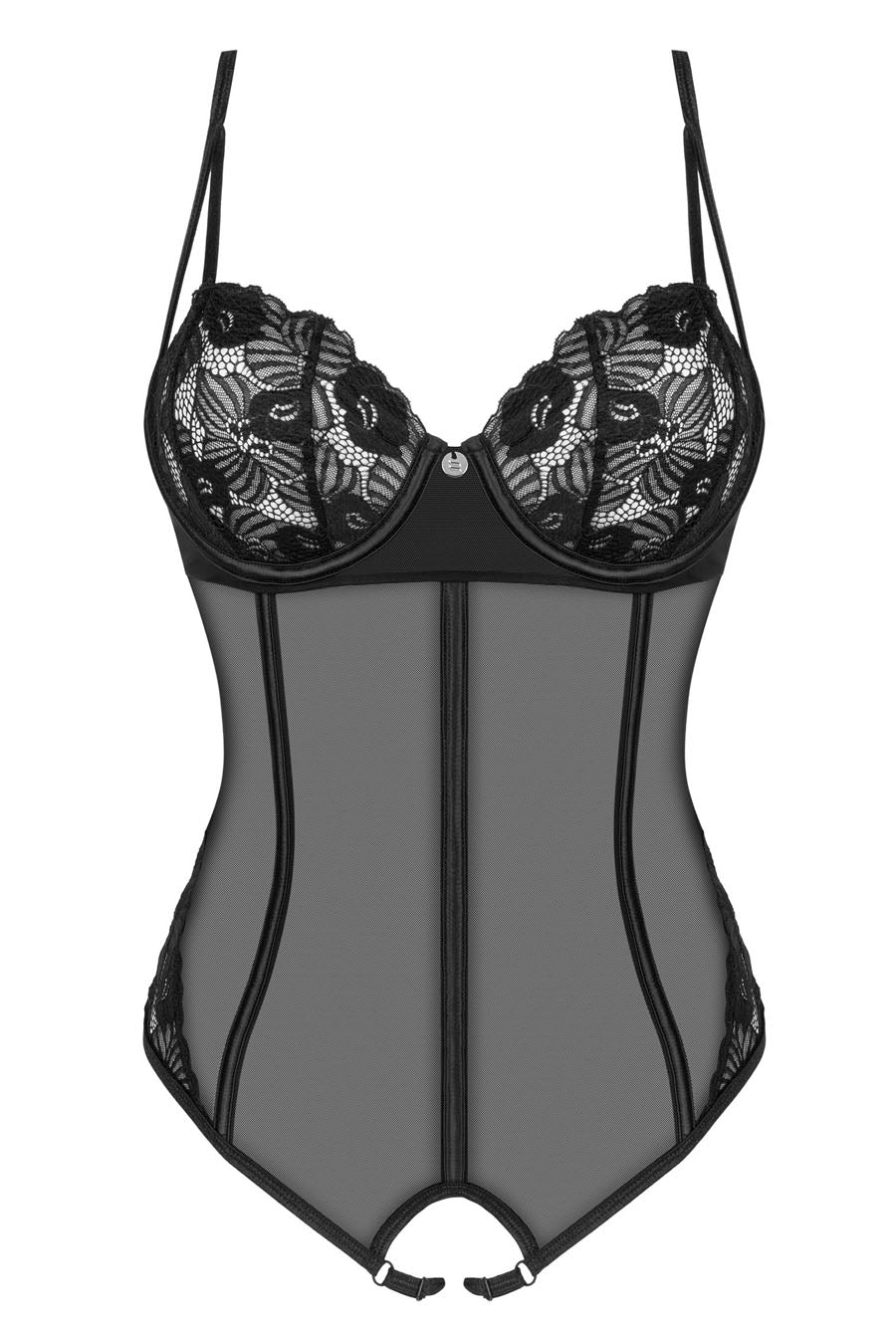 Black Sheer Mesh & Lace Crotchless Teddy