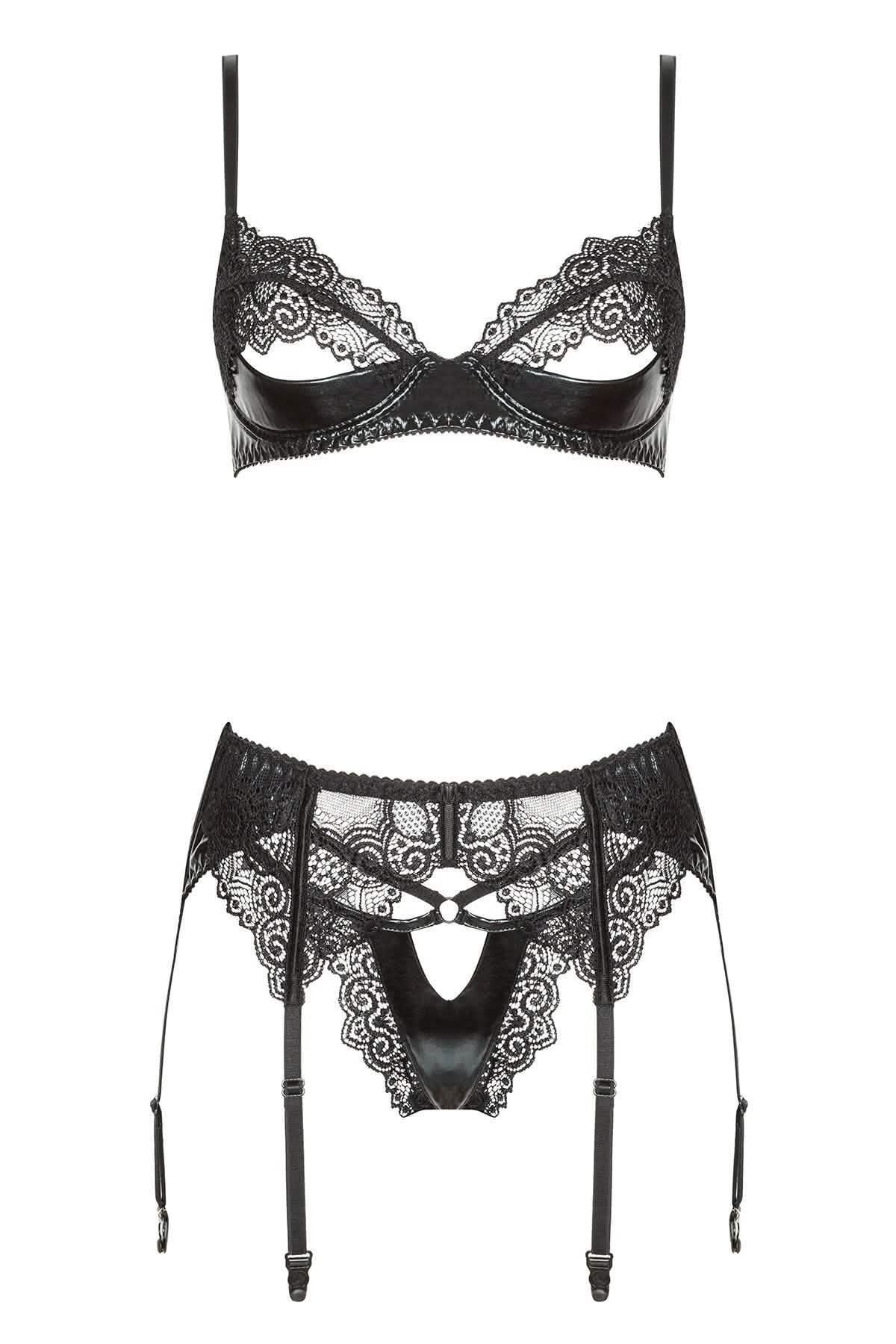 Faux Leather Bra & Garter Belt 3 Piece Set Lingerie Seduction